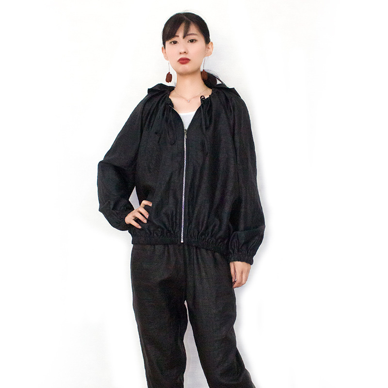 2024 Autumn Xiangyunsha Black Turtle Pattern Bf Style Hooded Drawstring Jacket Black Casual Versatile Zipper