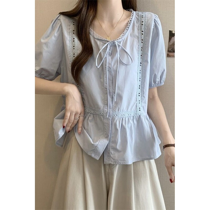 Light Blue Lace-Trimmed Short-Sleeve Shirt for Women, 2026 Summer New Style, Plus-Size Cute Top, Super Stylish Blouse