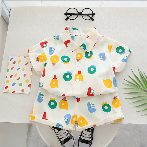 Children's Breathable Short-Sleeve Summer Outfit Set for Boys, Including Shirt and Shorts, Korean Style, Floral Pattern, Two-Piece Set
