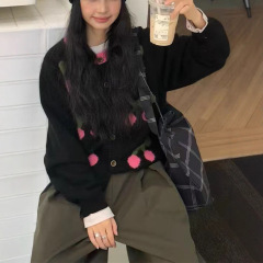 2025秋冬款圆领撞色针织开衫樱桃提花慵懒风毛衣韩系外套女