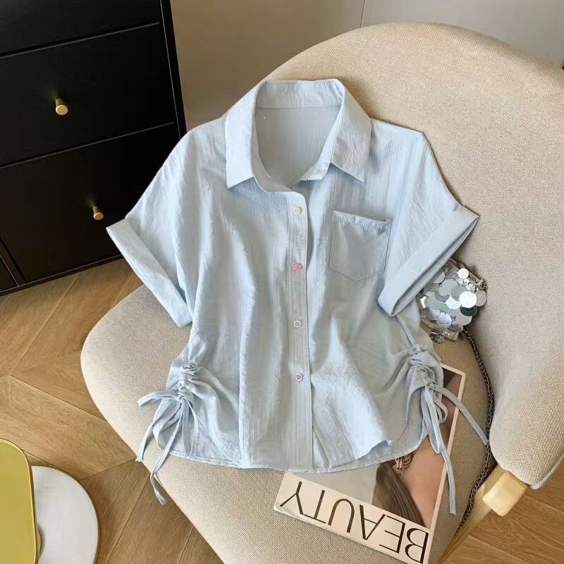 Light Blue Straight-Shoulder Short-Sleeve Shirt for Women 2026, Super Stylish Summer Plus-Size Irregular Drawstring Waist-Cinching Top Light Blue Straight-Shoulder Short-Sleeve Shirt for Women 2026, Super Stylish Summer Plus-Size Irregular Drawstring Waist-Cinching Top