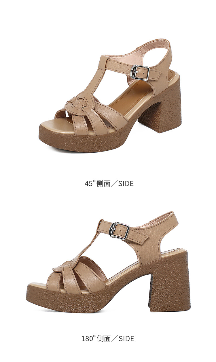 Sandal cao gót nữ quai ngang da thật phong cách La Mã đế dày gót thô — Màu đen chi tiết 37