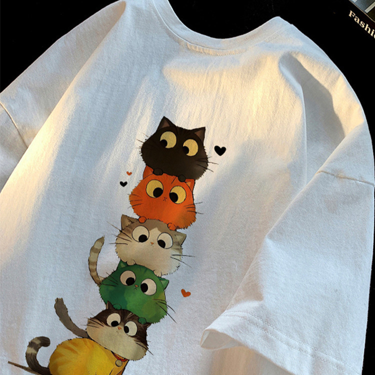 Plus-Size 150kg Fun Cat Solid Color Pure Cotton Short-Sleeve T-Shirt for Women, New Summer Trendy Loose Top
