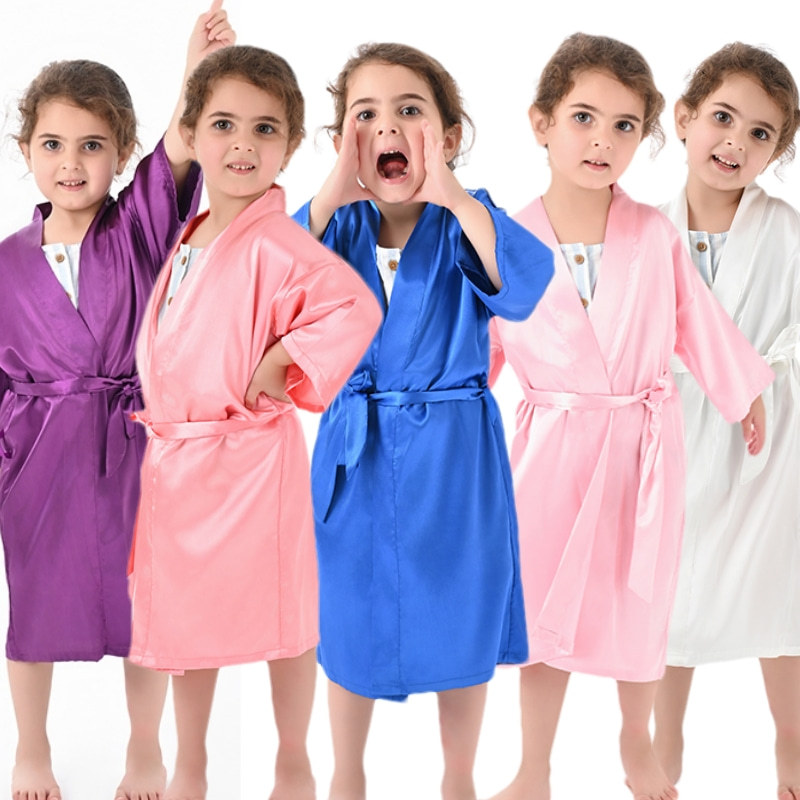 Cross-border solid color silk-like children's bathrobe foreign trade big children's satin robe baby runway cardigan boys girls bathrobe
