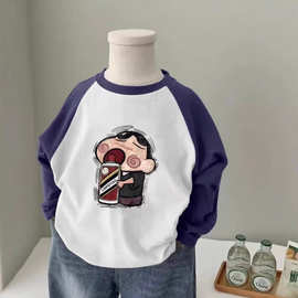 男童新款T恤宝宝撞色拼接内搭长袖卡通中大童春秋纯棉打底上衣潮