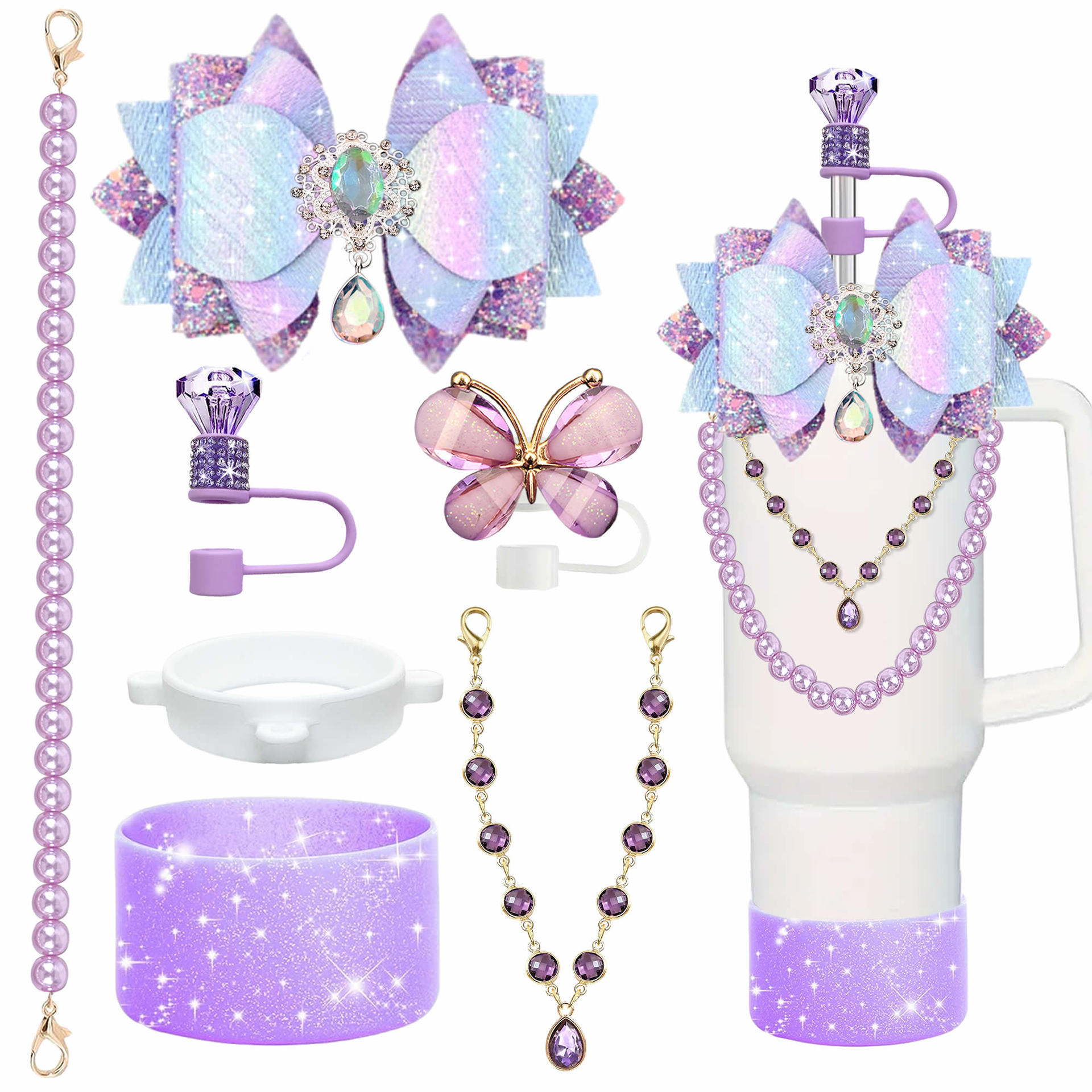 Accesorios de taza Stanley colgante de cuerda de mano flor de silicona gorra de paja de peluche colgante de taza cadena de taza de color cubierta de taza