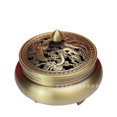 Brass three-legged copper incense burner wholesale pure copper dragon and phoenix double fish home plate incense incense burner ornaments antique handicrafts