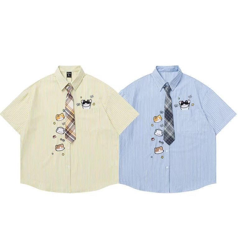 Japanese-style cute cat embroidered tie short-sleeve shirt for women and men, new summer loose-fitting college style couple shirt, trendy Japanese-style cute cat embroidered tie short-sleeve shirt for women and men, new summer loose-fitting college style couple shirt, trendy
