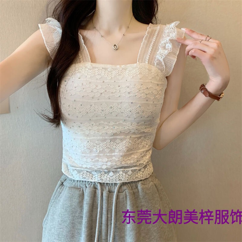 French Retro Small Flying Sleeve Lace Camisole Pure Desire Sweet and Spicy Short Tube Top Slimming Top for Women