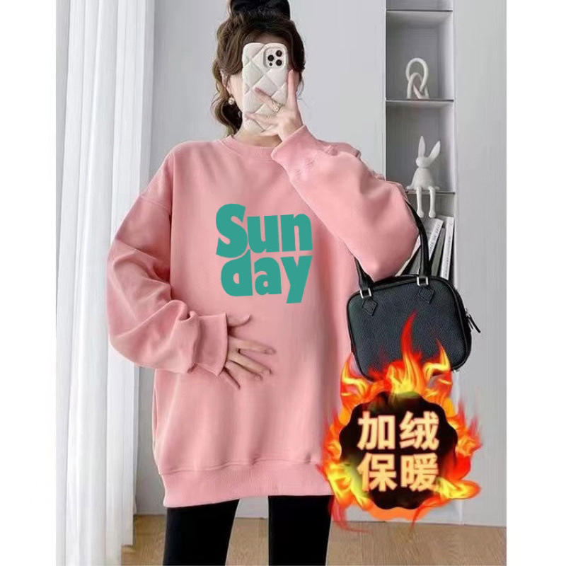 임산부복 가을 겨울 스타일 플러스 벨벳 따뜻한 느슨한 배를 덮는 긴팔 라운드넥 스웨터 세련된 핫맘 투피스 슈트