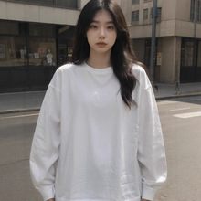新疆棉纯白色长袖上衣重磅t恤女纯棉宽松打底衫初秋圆领内搭