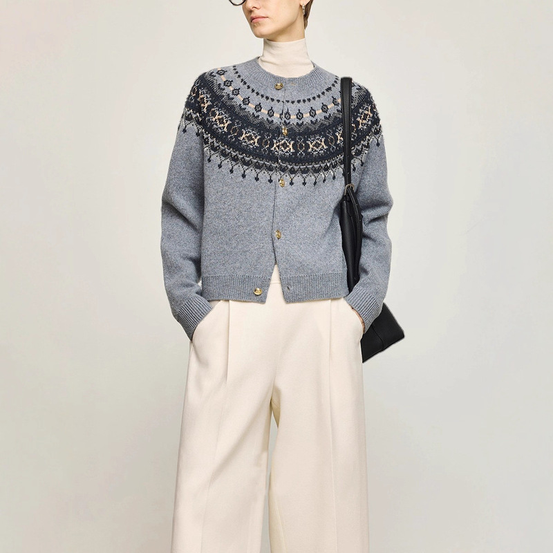 Soft and Cozy Lamb Wool Warm Fair Isle Jacquard Raglan Sleeve Metal Button Knit Cardigan Jacket Top
