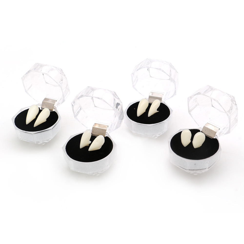 Halloween vampiro dientes falsos Zombie dientes falsos con pinzas de mordedor pequeño tigre dientes tirantes resina colmillos traje