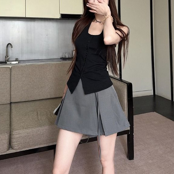 韩系新款辣妹套装黑色挂脖吊带背心女夏季高腰百褶裙半身裙两件套|undefined