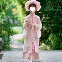 Розовый комплект Hanfu для девочек: детский стиль династии Мин, высококачественная заколка для волос и юбка с лошадиной мордой в древнем китайском стиле с вышивкой в виде облака на плечах.