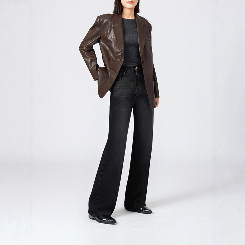 Li Girl Black Jeans Women's High-Waisted Single Pants Fleece-Lined Straight Jeans Autumn and Winter Slim Jeans Hs-716