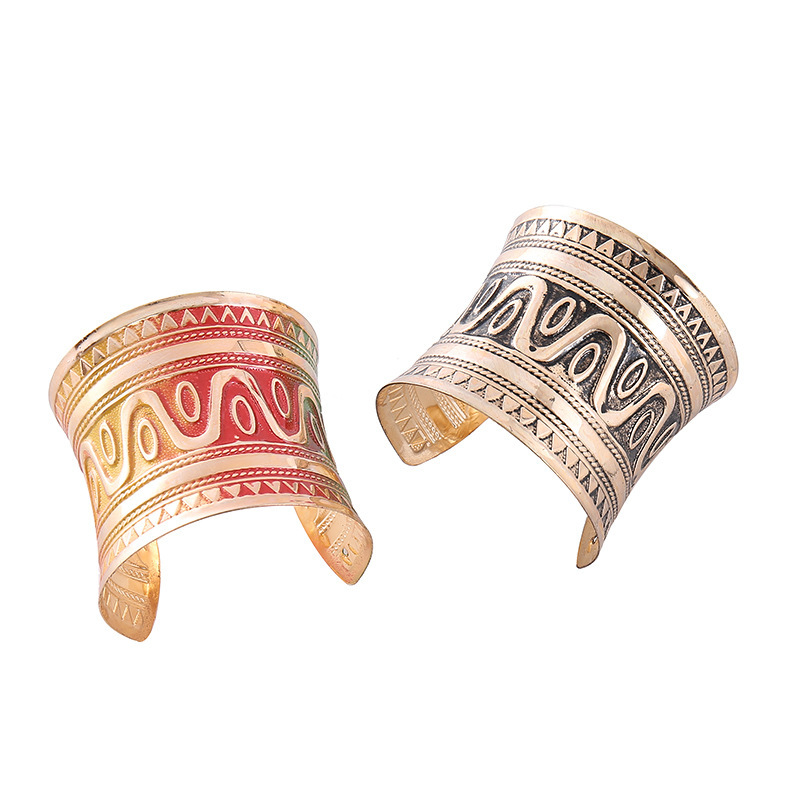 European Punk Wide Adjustable Open Engraved Bracelet for Women, Jewelry Coil Upper Arm Flower Pattern Hand Accessory