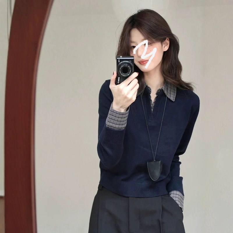 藏蓝色翻领拼接假两件修身针织打底衫春装女款2025年新款韩系上衣|undefined