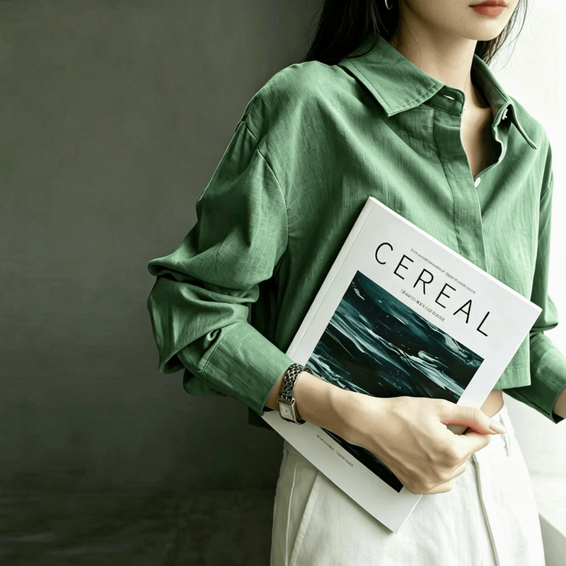 2026 Summer Style 100% Linen Green Shirt for Women, Loose and Thin, Lazy Style, Casual and Versatile, Long-Sleeved Sun Protection Shirt