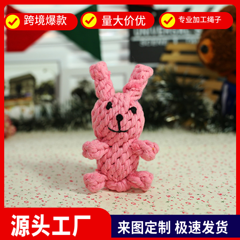 FUENTE fabricante perro juguete tejido a mano resistente a la mordedura nudo mascota juguete lindo conejo forma suministros para mascotas