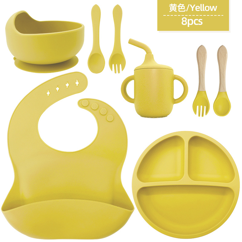 Juego de vajilla de silicona para niños, tazón de alimentos suplementarios, cuchara de silicona para bebé, tazón de silicona, vajilla de silicona, juego de ocho piezas de grado alimenticio