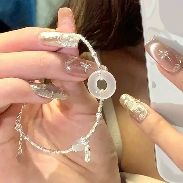 新款和田玉碎银几两手链女轻奢小众设计精致平安扣手环情人节礼物