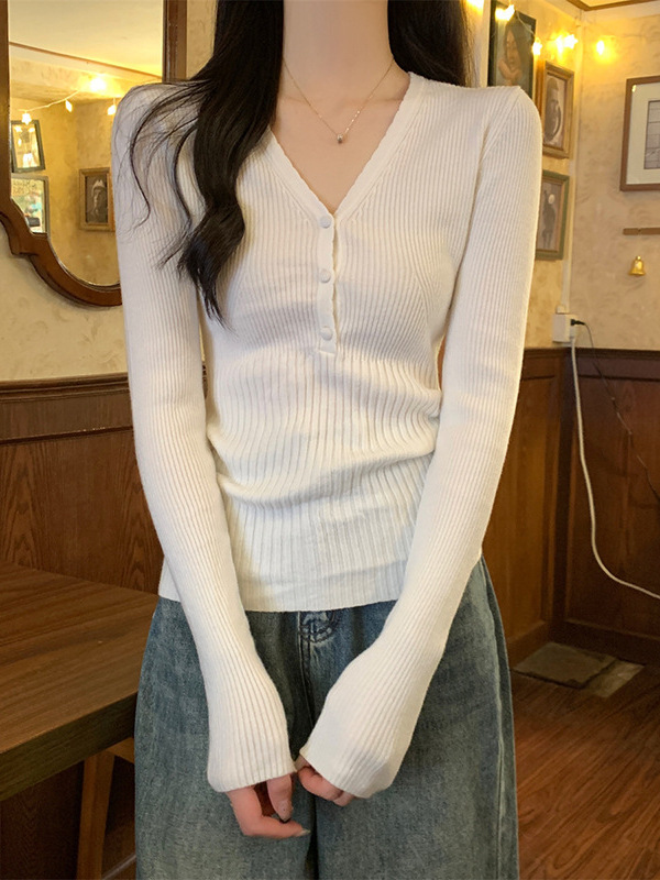 打底衫女2025新款春秋V领修身长袖内搭高级感针织衫毛衣低领上衣|undefined
