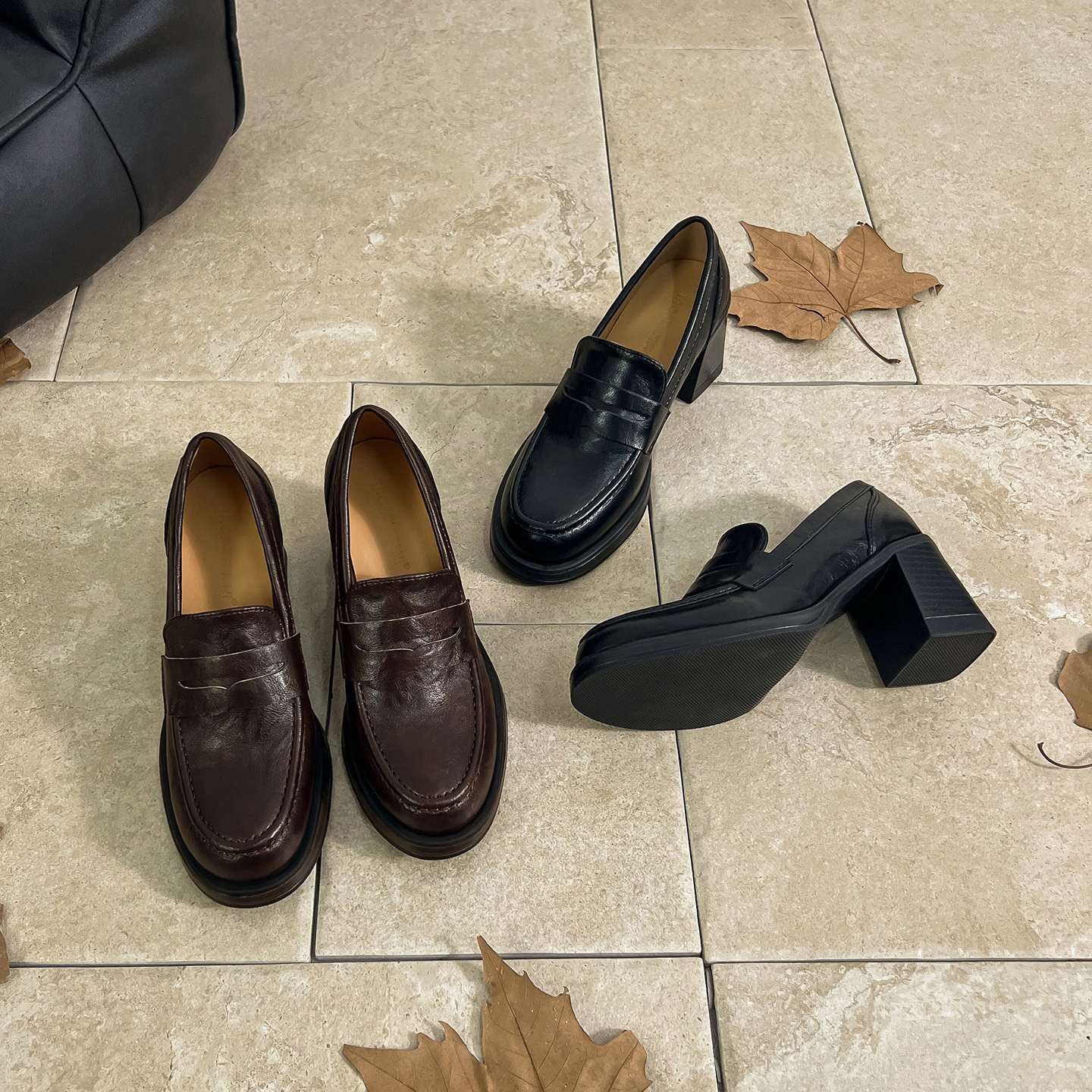 [Su Yinyin] High-Intelligence Female Writer ~ 7cm Thick Heel Horsehide Slip-On Lazy Loafers Women's Jk Small Leather Shoes