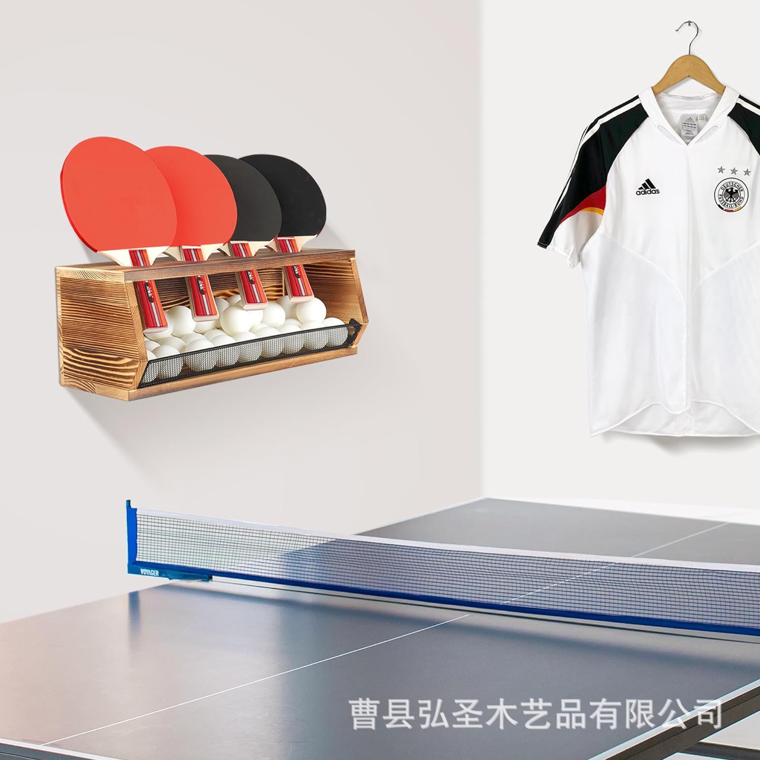 Estante de almacenamiento de raquetas de tenis de mesa de pared de madera maciza Estante de almacenamiento de 4 compartimientos con estante de almacenamiento de caja de almacenamiento de tenis de mesa