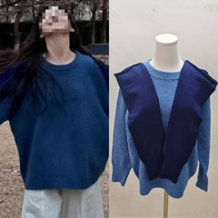 章若楠スターと同じクラインブルーセーターの女性冬の韓国系の怠惰感の偽の2つのストールのニットの上着