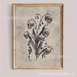 复古素描铃兰骷髅暗黑风装饰画做旧底色哥特文艺小众无框装饰