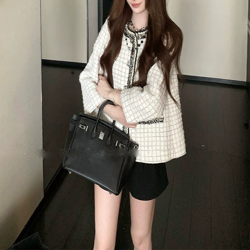 秋季新款妙龄小富婆名媛格子小香风短外套女粗花呢编织气质上衣潮|undefined