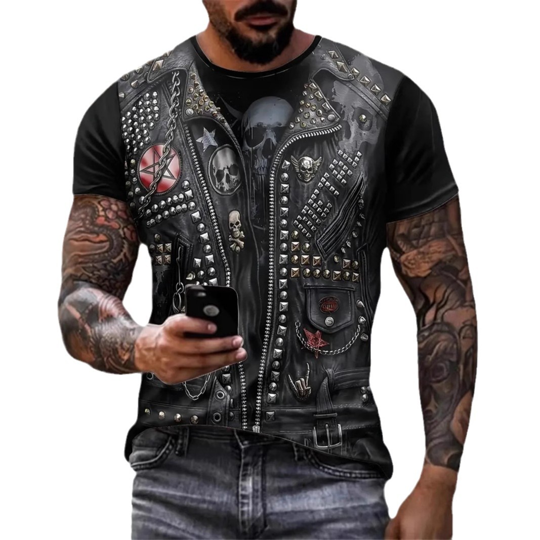 Personalidad divertida chaqueta de mezclilla de metal estampado 3D camiseta de cuello redondo de manga corta suelta y transpirable de la calle de verano de los hombres