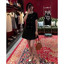 法式赫本风连衣裙欧货双排扣小个子直筒小黑裙名媛风质感贵妇裙子