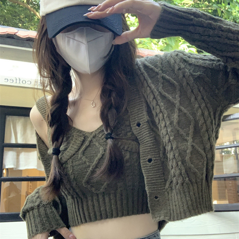 春秋温柔风软糯麻花V领毛衣外套甜美设计感小众短款两件套针织衫|undefined