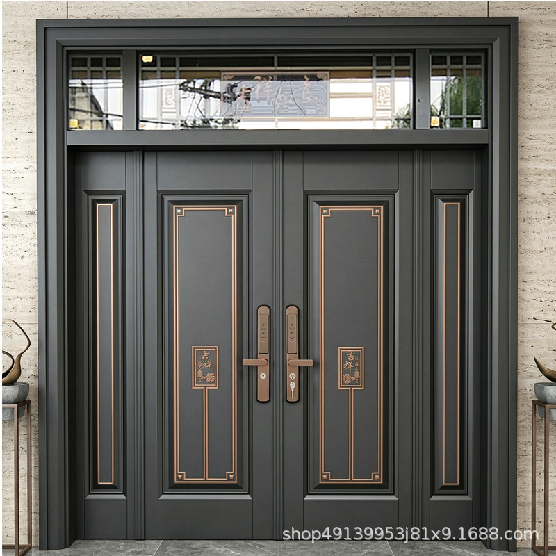 Zinc Alloy Villa Double-Door Entrance Door, Rural Self-Built House Household Entrance Door, Four-Way Opening Living Room Cast Aluminum Door