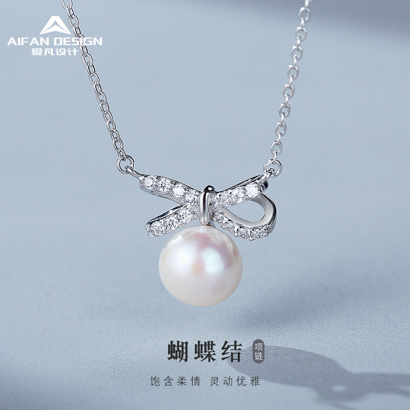 Fashion Versatile S925 Sterling Silver Necklace Women's silver Bow Freshwater Pearl Clavicle Chain Fresh Style Mori Necklace