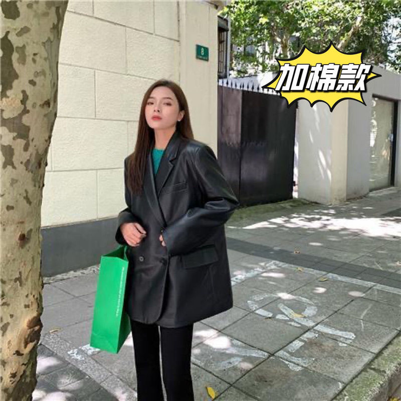 黑色加厚皮衣西装外套女秋冬2025新款高级感PU皮机车服女外套大衣|undefined