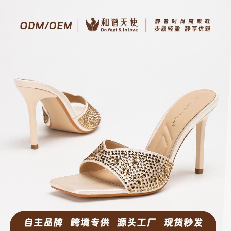 2025 Summer Fashion New European and American Fashion Casual Versatile Solid Color Women's Shoes with Sparkling Diamond Pointed Toe Stiletto Heel Slippers