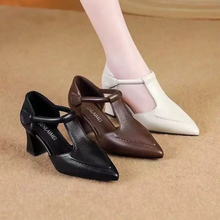 新款热卖2025夏款软皮女鞋一字扣带包头细跟高跟优雅凉鞋低跟女鞋