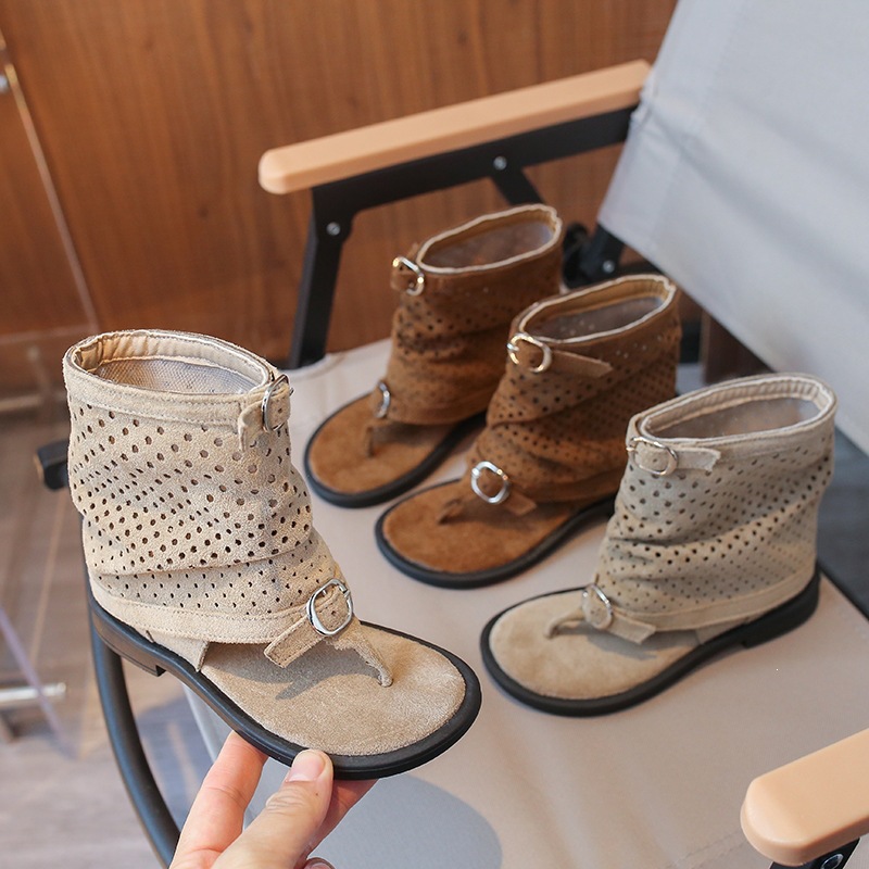 Girls French Toe Sandal Boots with Buckle Strap Openwork Summer Roman Princess Style Sandals_voghion.com