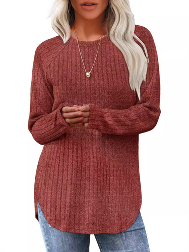 Amazon European and American Foreign Trade Cross-border Women's Clothing 2024 Autumn New Round Neck High-Low Hem Top Women's Fuzzy