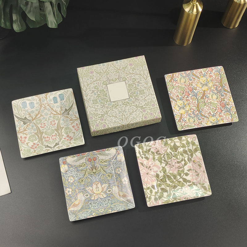 Cross-Border Direct Selling Floral Bone China Square Plate British Porter's Exquisite Four-Plate Household Ceramic Plate Gift Box