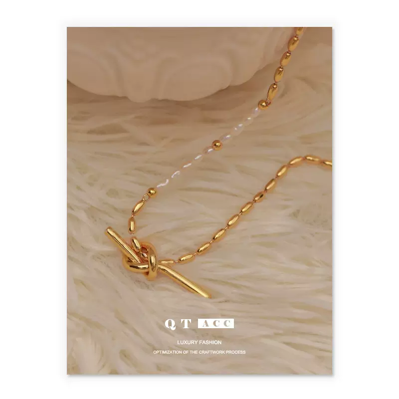 黄铜电镀18K真金 欧美时尚轻奢风绳结设计天然真珍珠项链女冷淡风