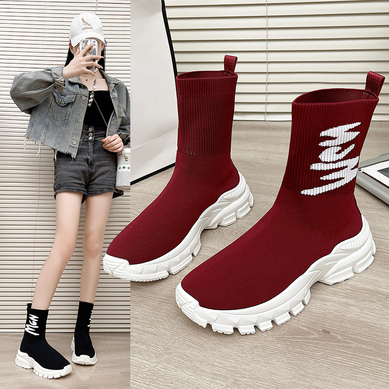 2026년 신상 유럽 및 미국 스타일 레터링 니트 신축성 양말 부츠 여성용 두꺼운 밑창 캐주얼 숏부츠 미드컷 마틴 부츠 슬림 부츠