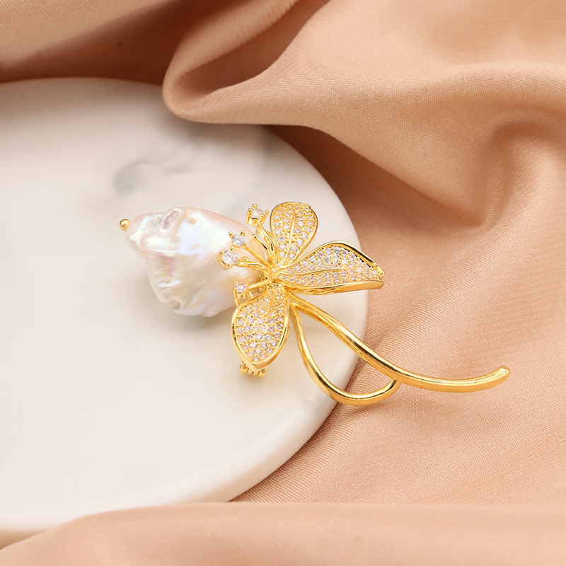 Alta calidad ~ natural perla broche de agua dulce barroco ramillete de alto grado sentido nicho temperamento 18K chapado en oro de la joyería para las mujeres image 2