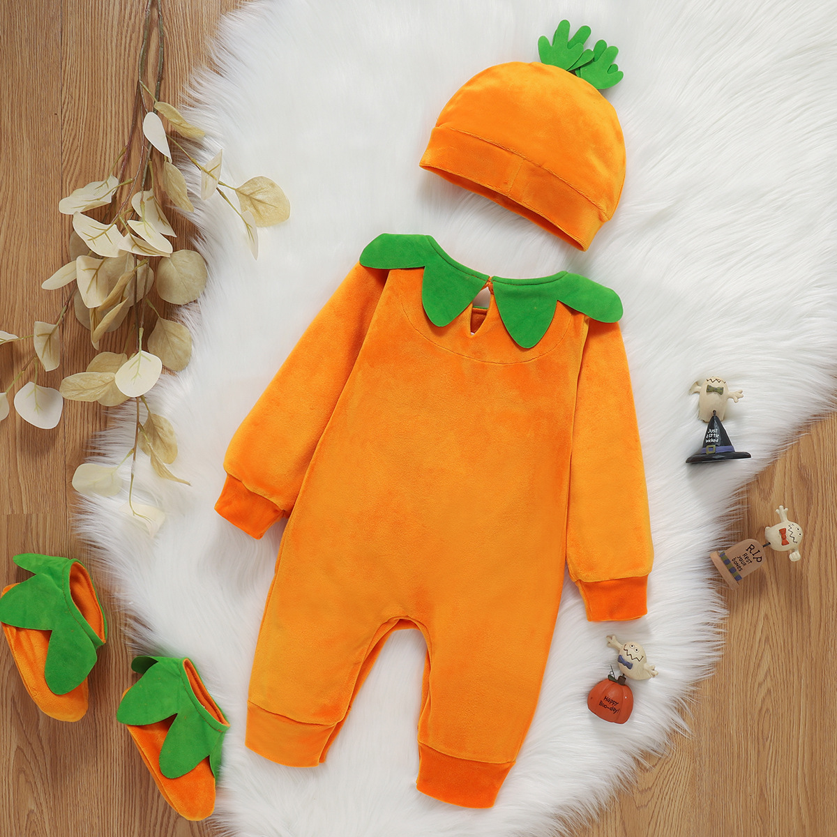 Ropa exclusiva transfronteriza para niños mono de bebé de Halloween sombrero de calabaza europeo y americano mameluco de manga larga traje de tres piezas