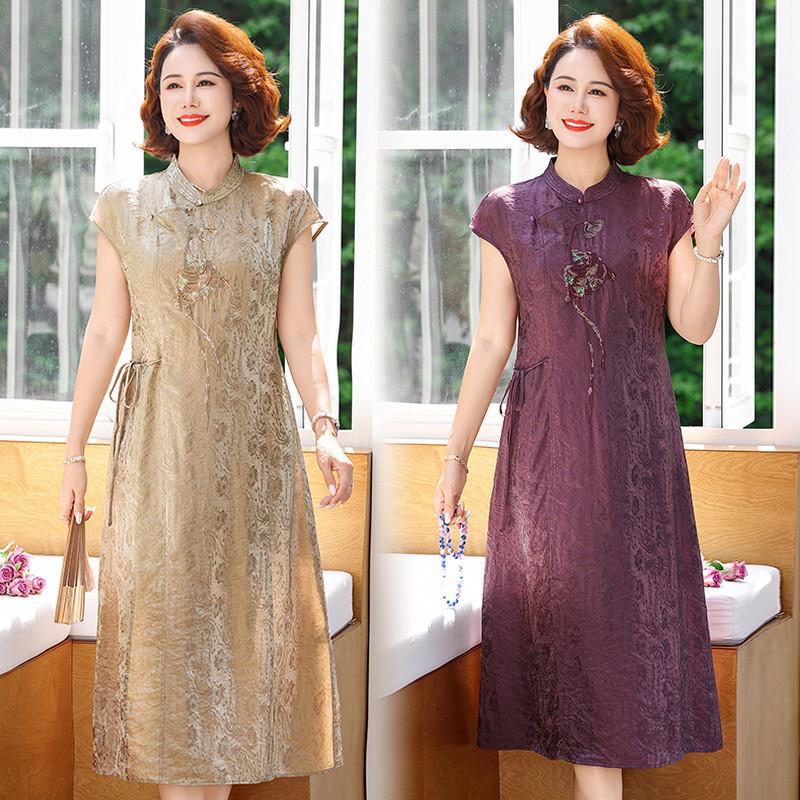 New Chinese-Style Mom's Summer Dress, Improved Cheongsam Dress, Jacquard Embroidery, Elegant Slimming Long Dress for Middle-Aged and Elderly Women