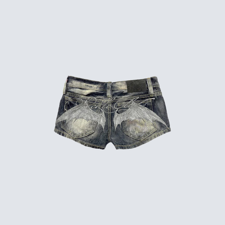 YH American-style heavy-duty washed low-rise women's jeans with bat embroidery, distressed, sexy, slim-fit, studded shorts