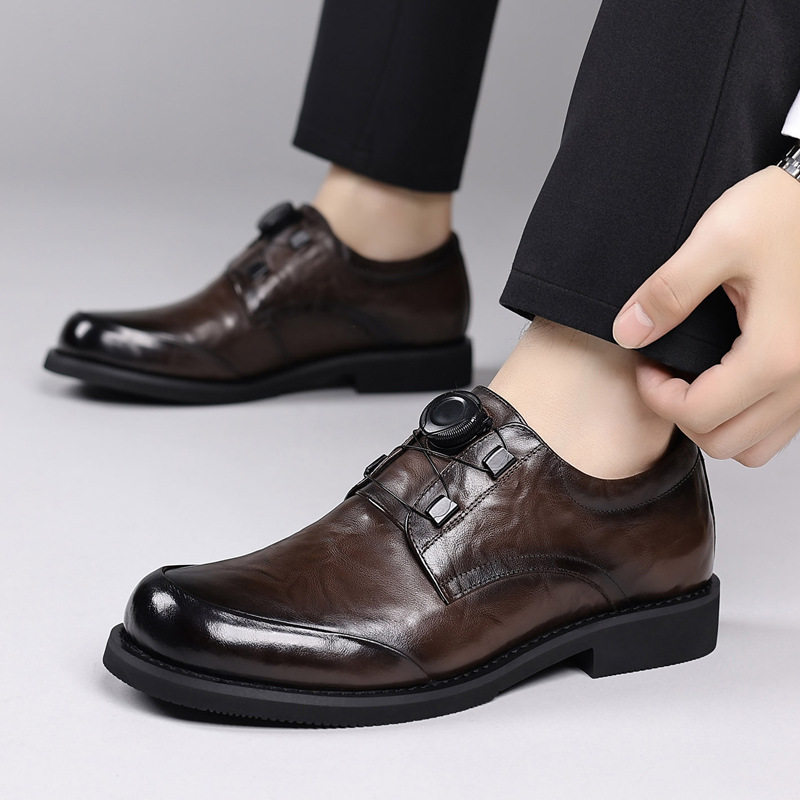 Giày da nam da bò thật mũi tròn rộng bản, khóa xoay, phong cách công sở — màu nâu, màu đen
